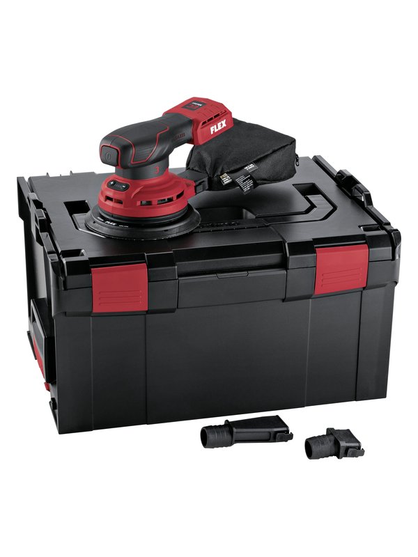FLEX ORE 3-150 18-EC ponceuse excentrique sans fil avec sac à poussière, coffret L-BOXX et deux adaptateurs d’aspiration