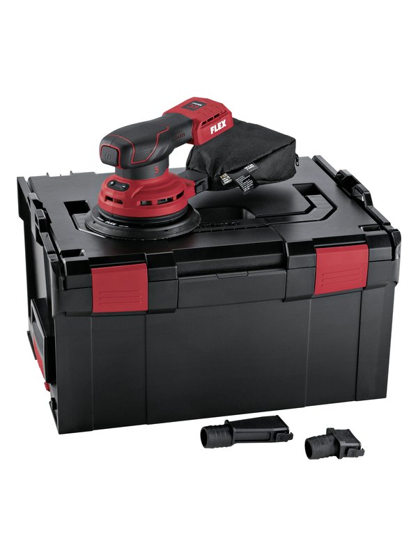 FLEX ORE 5-150 18-EC ponceuse excentrique sans fil avec sac à poussière, coffret L-BOXX et deux adaptateurs d’aspiration