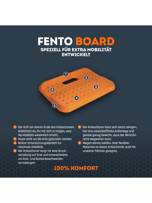 Infografik zu den Merkmalen des FENTO BOARD Kniebretts