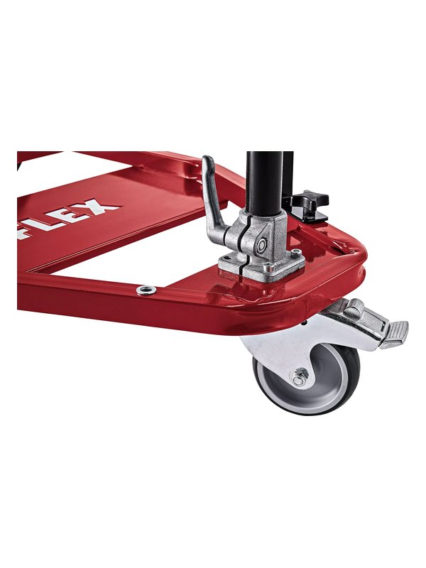 Gebremste Lenkrolle und Schnellspanner an der Bodenplatte des FLEX GM 340 Giraffen-Mobils