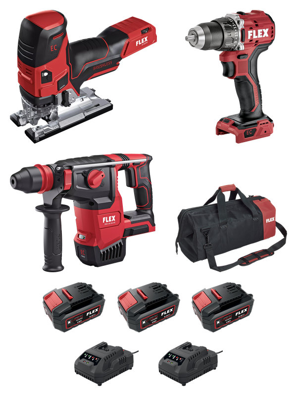 FLEX All-in Power Set: Akku-Stichsäge JS 18-EC, Bohrschrauber DD 2G, Bohrhammer CHE 2-26, 3 Akkus 5.0 Ah, 2 Lader, Tasche