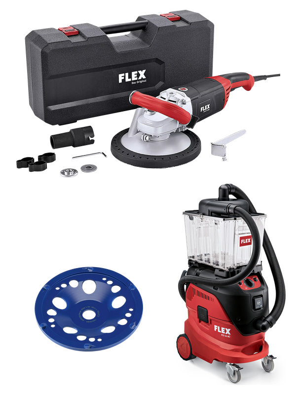 FLEX LD 24-6 180 Betonschleifer mit Koffer und PKD-Jet Ø 180 mm, Industriesauger VCE 44 L AC mit Vorabscheider VCE-PS 25