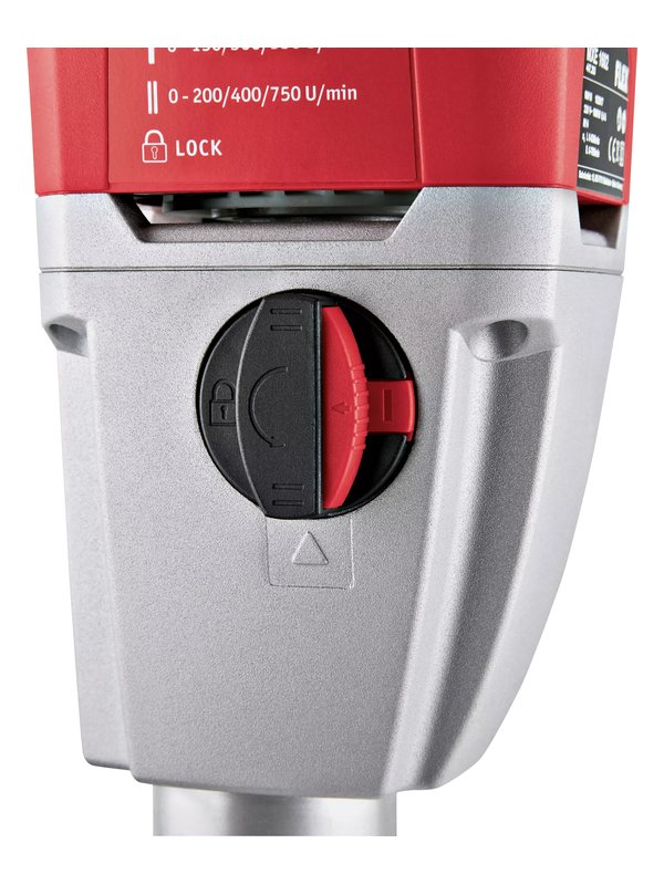 Spindelarretierung mit LOCK-Markierung am Getriebegehäuse des FLEX MXE 1602 Rührwerks, Detailansicht