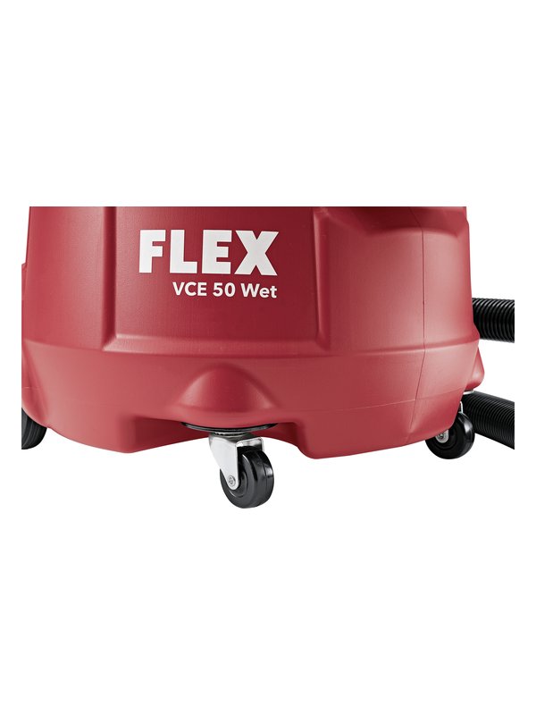 Roulettes pivotantes et inscription VCE 50 Wet sur l’aspirateur à eau FLEX