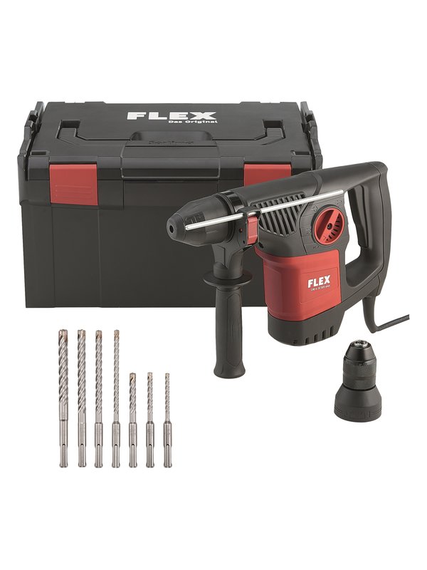 Perforateur-burineur FLEX CHE 4-32 R SDS-plus devant la L-BOXX avec mandrin autoserrant et sept forets SDS-plus