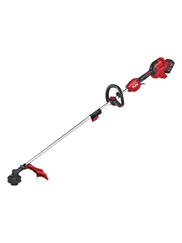 FLEX GLT 35 18-EC Akku-Rasentrimmer mit eingesetztem Akku, Bügelgriff und Schutzhaube