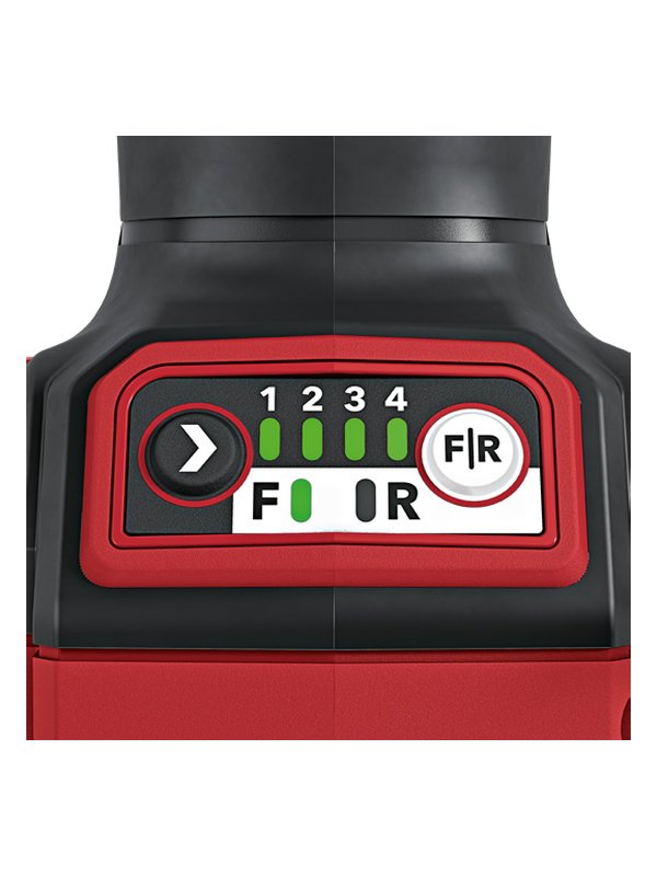 Bedienfeld des FLEX LBE 76 18-EC C Akku-Mini-Winkelschleifers: Drehzahlvorwahl in 4 Stufen, F/R-Taste für Vor- und Rücklauf