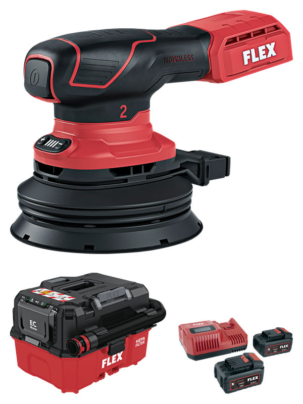FLEX ORE 2-125 18-EC Set: ponceuse excentrique sans fil, aspirateur sans fil VC 9 L MC 18 RC, chargeur CA 12/18, 2x 5.0 Ah