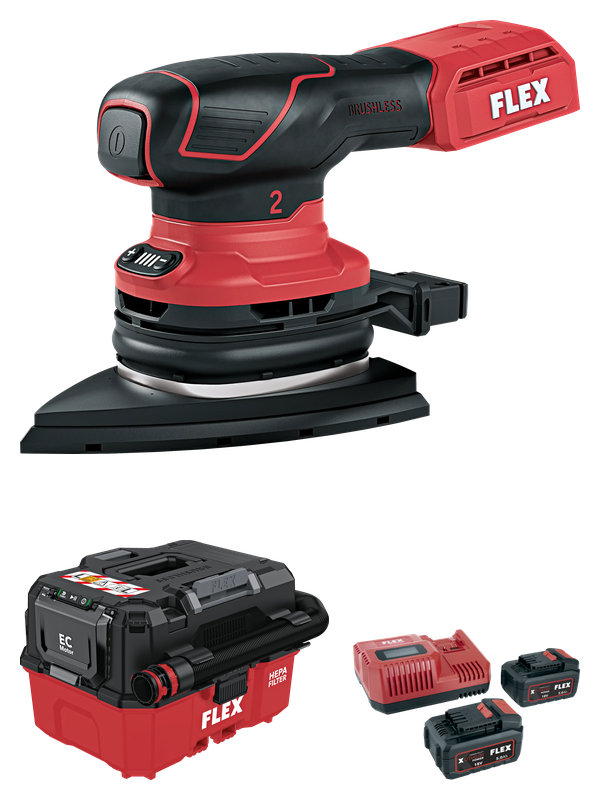 FLEX ODE 2-100 18-EC Set: ponceuse delta sans fil, aspirateur sans fil VC 9 L MC 18 RC, chargeur CA 12/18, 2x 5.0 Ah